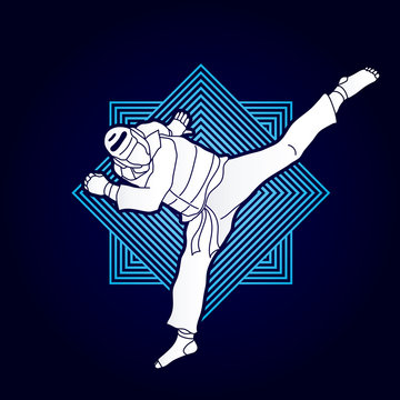 Taekwondo jump kick action with guard equipment designed on line square background graphic vector.