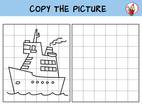 Funny cartoon ship. Copy the picture. Coloring book. Educational game for children. Cartoon vector illustration