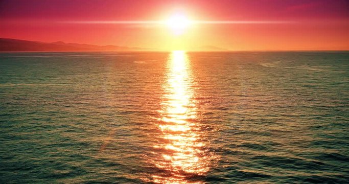 4K Stunning Sea Sunset, Bright Orange Sunset Over Ocean Water Horizon Water