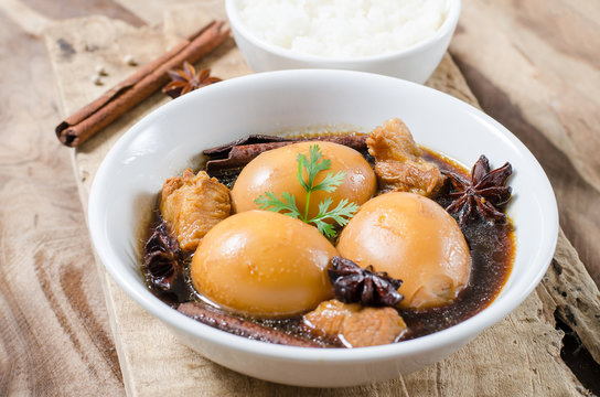 Asian food,hard-boiled egg in brown sauce or sweet gravy,Golden brown egg,Five spices egg,A kind of Chinese dish, In Thai call Khai Palo