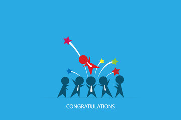 blue businessmen throw up red businessman in the air for success, congratulations and business concept