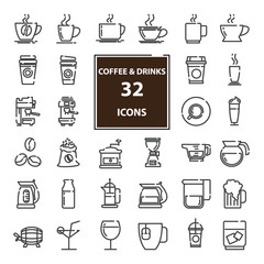 Outline web  mono symbol  vector  icon set  - ( drink , coffee machine, tea, alcohol )