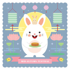 Mid autumn festival greeting card tempalte. Cute cartoon rabbit holding mooncake with lanterns, lotus & full moon in flat design style. Vector illustration.