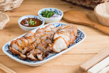 Deep Fried Crispy Pork Belly Cooked with Garlic and spicy dipping sauce