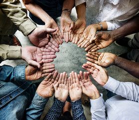 Group of diverse hands palms circle support together teamwork aerial view - obrazy, fototapety, plakaty