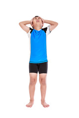 Asian young cyclist have a headache. Isolated on white background.