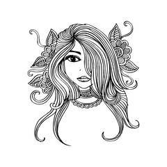 Hand drawing young woman with flowers