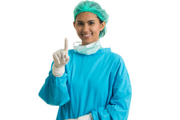 portrait medical doctor writing blank screen on white background