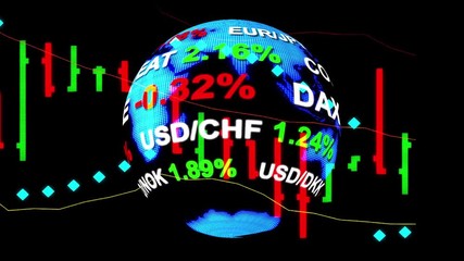 stock market price chart with real quotes ticker board and holographic earth map - new quality financial business animated dynamic motion video footage - Powered by Adobe