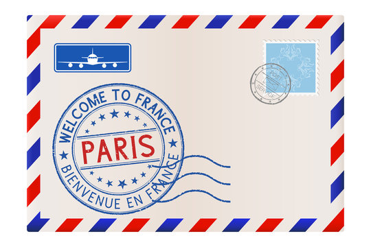 Envelope with Welcome to Paris stamp. International mail postage with postmark and stamps