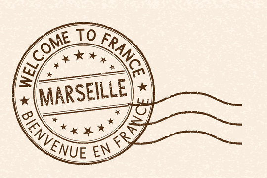Welcome to Marseille, France. Tourist brown stamp on beige background