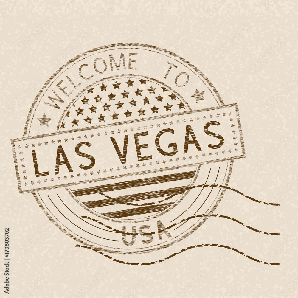 Wall mural Welcome to Las Vegas, USA. Tourist brown stamp with US national flag on beige background