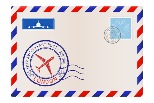 Envelope with London stamp. International mail postage with postmark and stamps