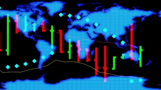 stock market price chart with real quotes ticker board and holographic earth map - new quality financial business animated dynamic motion video footage
