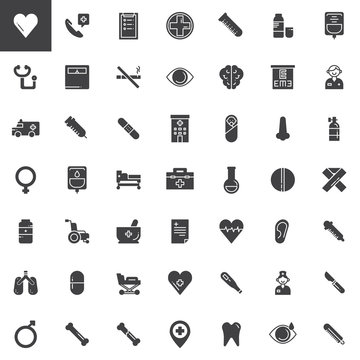 Medicine and Health vector icons set, Medical modern solid symbol collection, filled pictogram pack. Signs, logo illustration. Set includes icons as heart, hospital, stethoscope, syringe