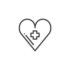 Heart with medical cross line icon, outline vector sign, linear style pictogram isolated on white. Medicine and Health symbol, logo illustration. Editable stroke