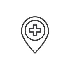 Medical map pin with cross line icon, outline vector sign, linear style pictogram isolated on white. Navigation symbol, logo illustration. Editable stroke