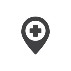 Medical map pin with cross icon vector, filled flat sign, solid pictogram isolated on white. Navigation symbol, logo illustration