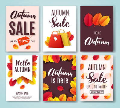 Autumn card set with fall quotes, bright leaves and shopping bag. Perfect for greeting cards, sale badges, banners, poster, cover, tag, invitation. Vector illustration