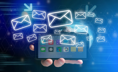View of a Concept of sending message with email icon around - Communication and technology concept