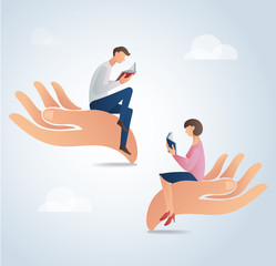 man and woman reading books on big hands, education concept vector illustration