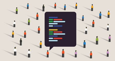 open source software development coding collaboration crowd working together line of code exchange digital