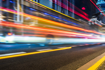 traffic light trails at night in Shanghai, China.