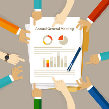 AGM Annual General Meeting Shareholder Board Discuss Company Review Financial Profit Chart Hand Collaboration On Paper