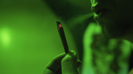 .Close-up of a burning smoldering jointer with marijuana on a club green background. Concert of...