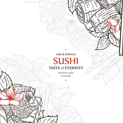 Doodle sushi restaurant menu design template. Engrave asian food frame.