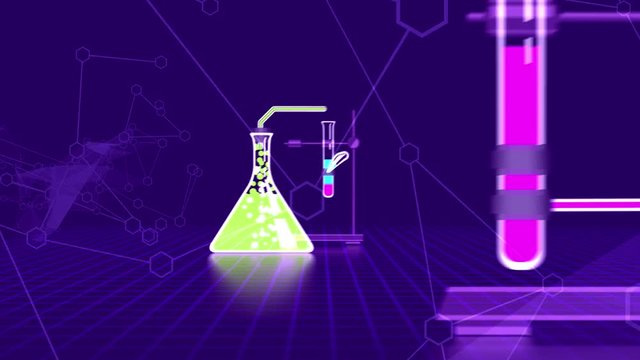 3d rendering of a chemical laboratory consisting of triangular flasks, round bulbs, vials, with multicolored liquids connected with each other with various tubes exploding at the end