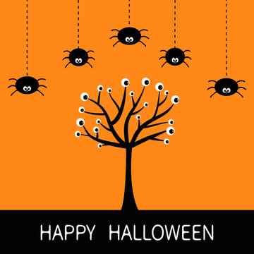 Happy Halloween card. Spider hanging Dash line. Black tree silhouette with eyes. Plant branch. Cute cartoon character set. Spooky baby illustration collection. Flat design. Orange background.