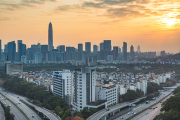 panoramic view of cityscape,midtown skyline at sunset ,shot in Shenzhen,China .