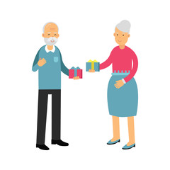 Fototapeta na wymiar Senior man and beautiful senior woman giving gifts to each other colorful characters vector Illustration
