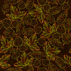 Materiał do szycia illustration of Autumn graphic with color stylize seamless pattern. Doodle design for backdrop. Drawing leaves, foliage of maple nature.