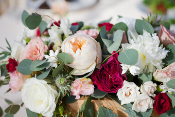 Wedding decor. Flowers in the restaurant, food on the table