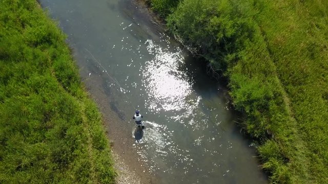 Aerial view of fly fisherman fishing in Montana river