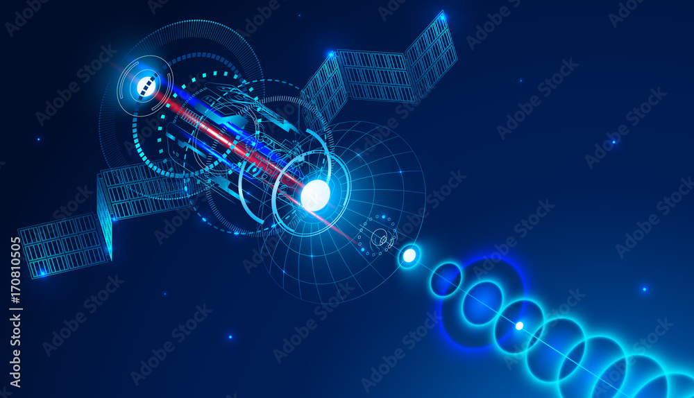Poster geostationary telecommunications satellite from space sends a digital signal via satellite dish. con