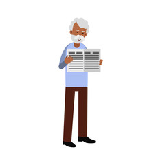 Elderly man character standing and reading a newspaper colorful vector Illustration