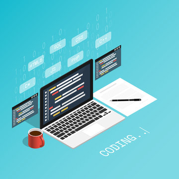 programmer coding binary computer,programmer skill isometric flat vector