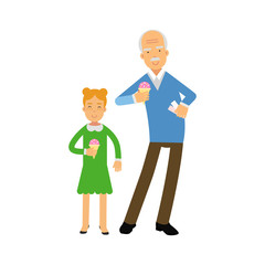 Grandfather and granddaughter characters eating ice cream together colorful vector Illustration