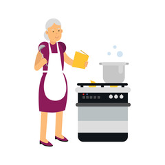 Beautiful senior woman character cooking in the kitchen colorful vector Illustration