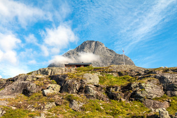 Panorama of summer landscape in Norway - river, stones, mountings