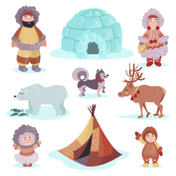 People in traditional eskimos costume and arctic animals set, life in the far north colorful vector Illustrations