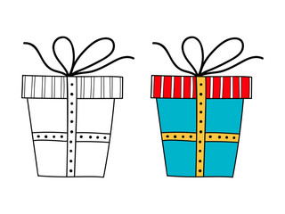 Decorative gift box with a surprise. Black and white illustration for coloring book, page.