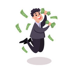 Happy businessman character jumping under money rain colorful vector Illustration