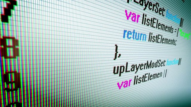 3d rendering of the decoding and coding information process on a screen shown diagonally with quickly changing multicolored lines with digits, letters, equations, put in a white and black background 