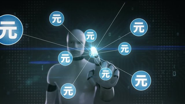 Robot, cyborg touching Yuan symbol, Numerous dots gather to create a Yuan currency sign, dots makes global world map, internet of things. financial technology 1.