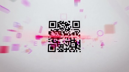 Funny 3d rendering of a QR code scanner which uses red lazer, analyses a black and white code,  and receives tons of information in letters, digits, specific signs, in the white background - Powered by Adobe