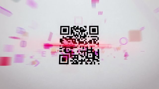 Funny 3d rendering of a QR code scanner which uses red lazer, analyses a black and white code,  and receives tons of information in letters, digits, specific signs, in the white background